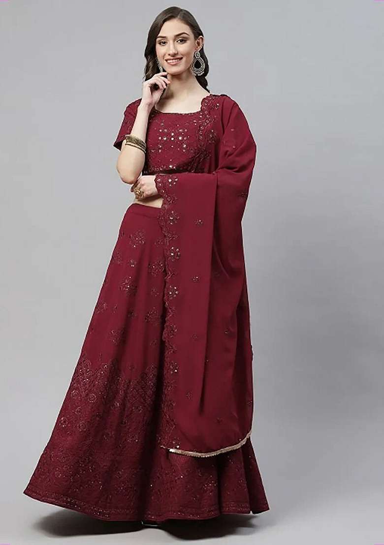Pink Georgette Lehenga Set with Embroidery for Diwali | Wedding & Festive Wear - Indya
