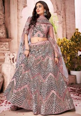 Pink Mirror Work Net Lehenga Set