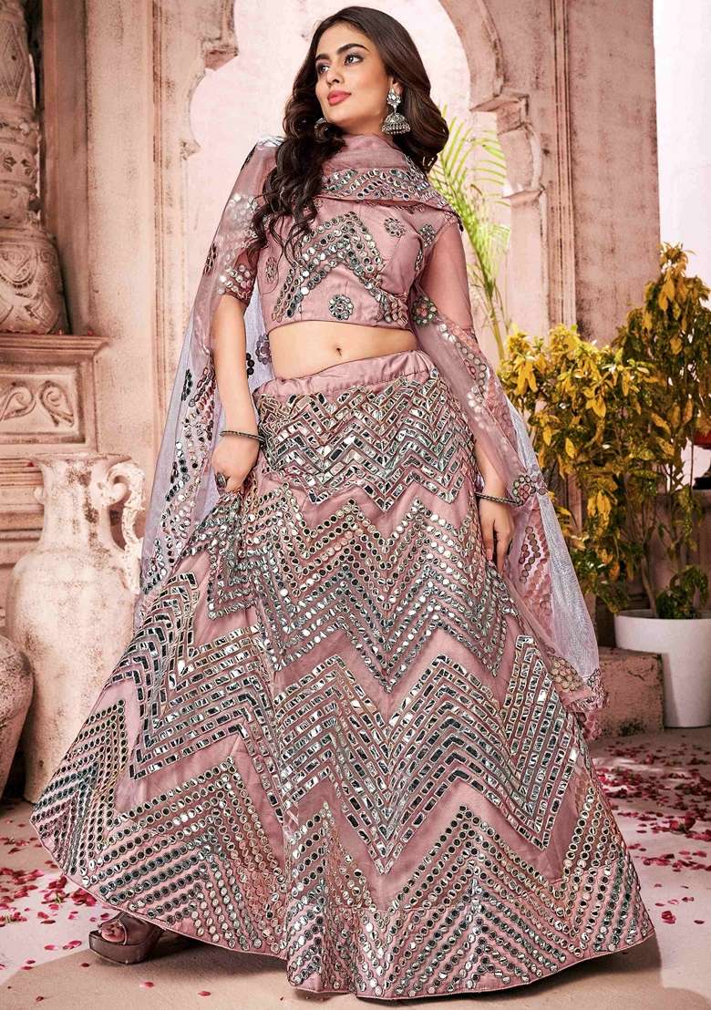 Pink Mirror Work Net Lehenga Set for Diwali and Festive Wear - Indya