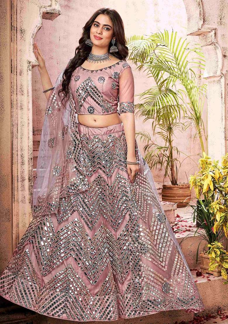 Pink Mirror Work Net Lehenga Set for Diwali and Festive Wear - Indya