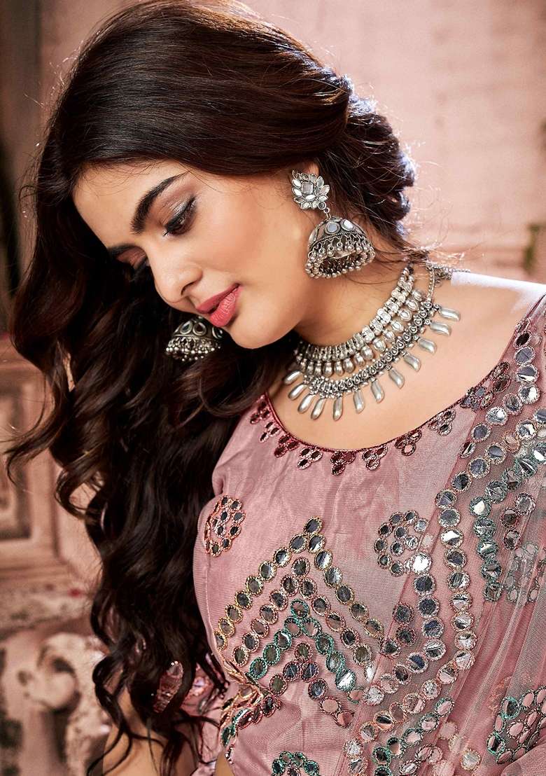Pink Mirror Work Net Lehenga Set for Diwali and Festive Wear - Indya