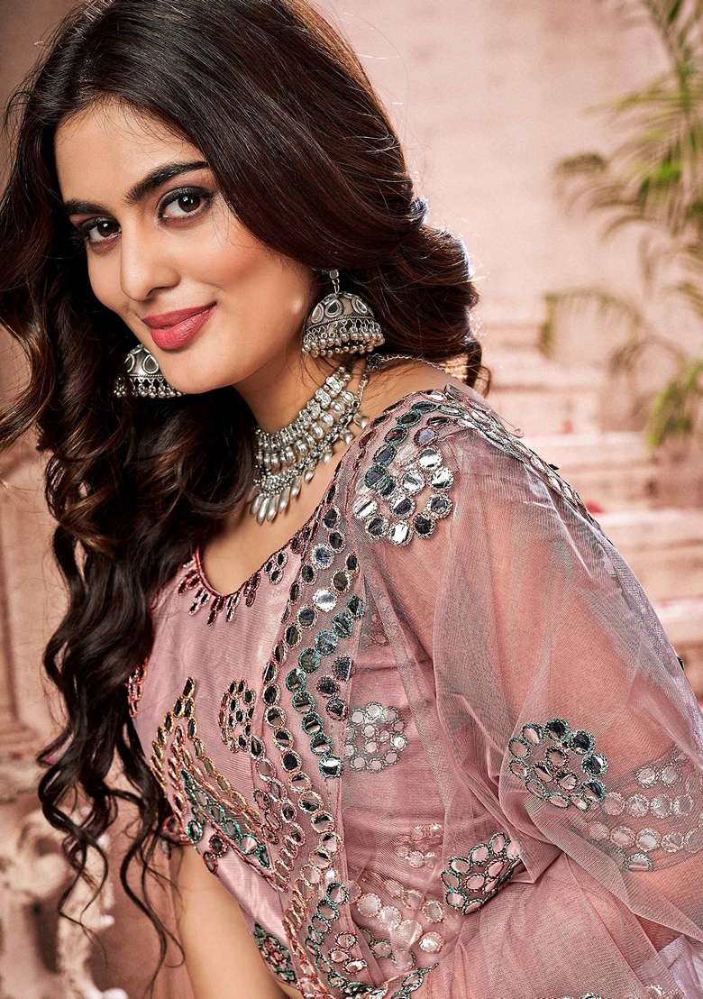 Pink Mirror Work Net Lehenga Set for Diwali and Festive Wear - Indya