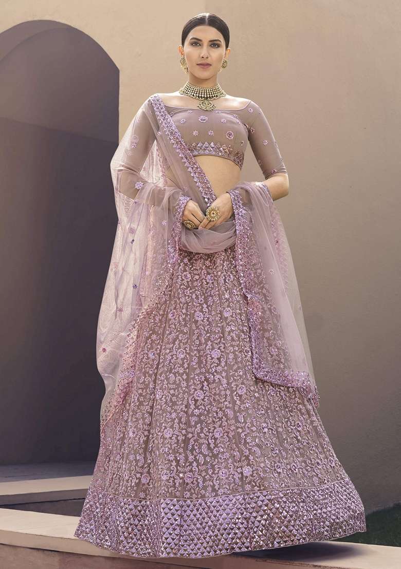 Lavender Net Lehenga Set with Embroidery for Diwali | Wedding & Festive Wear - Indya