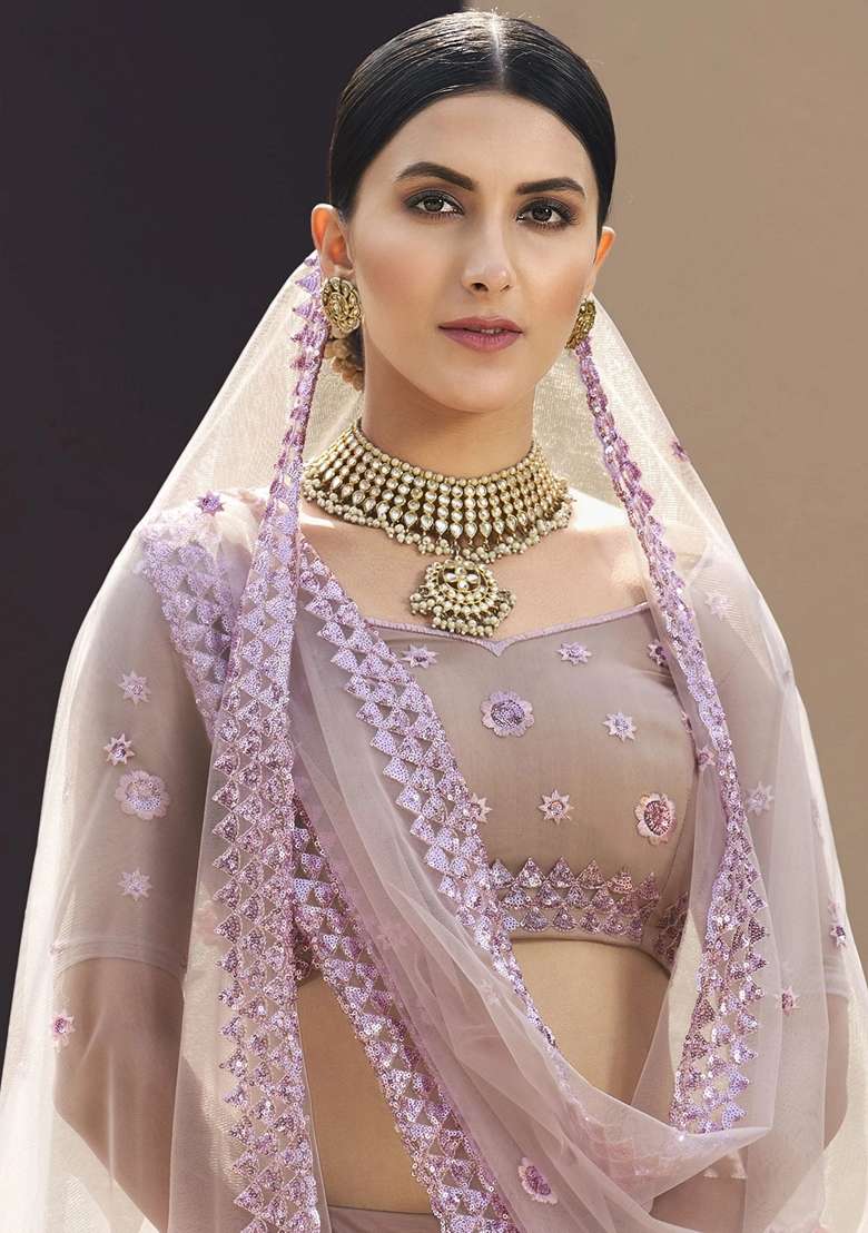 Lavender Net Lehenga Set with Embroidery for Diwali | Wedding & Festive Wear - Indya