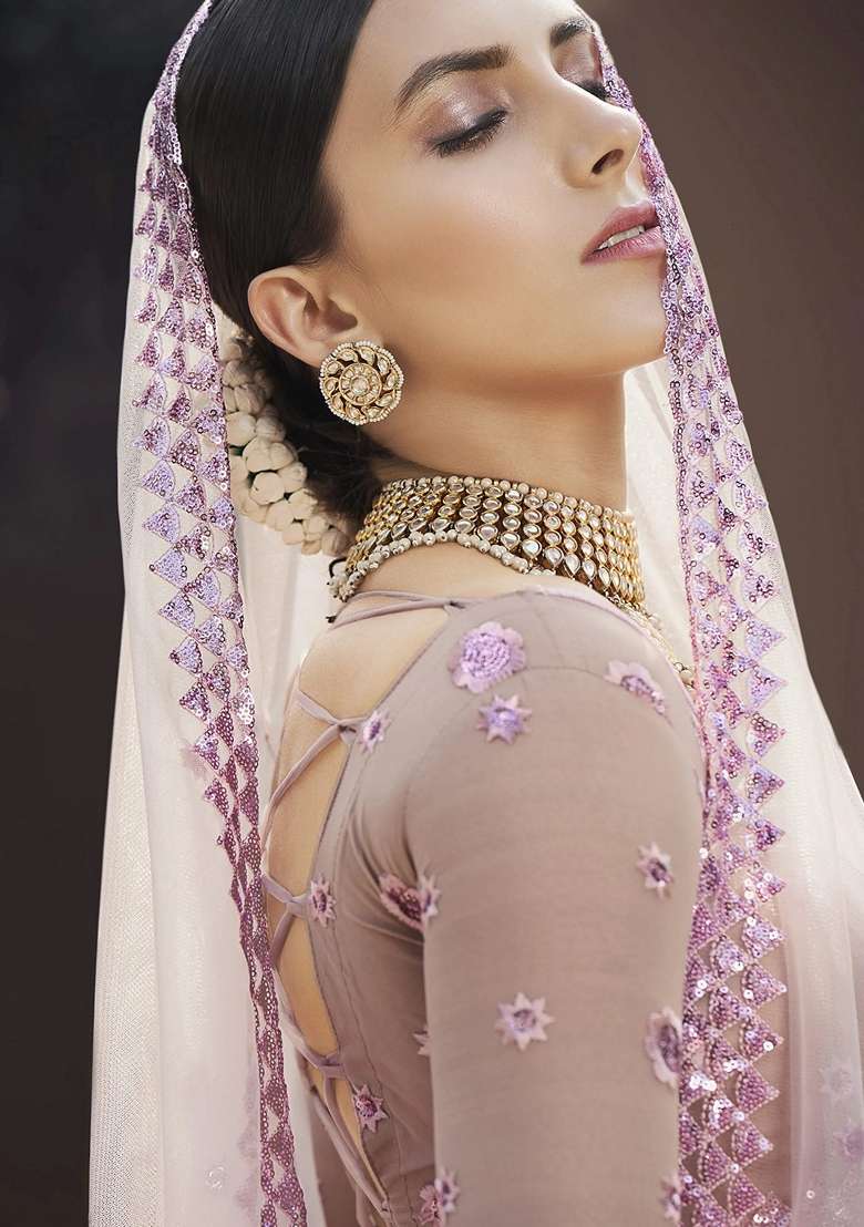 Lavender Net Lehenga Set with Embroidery for Diwali | Wedding & Festive Wear - Indya