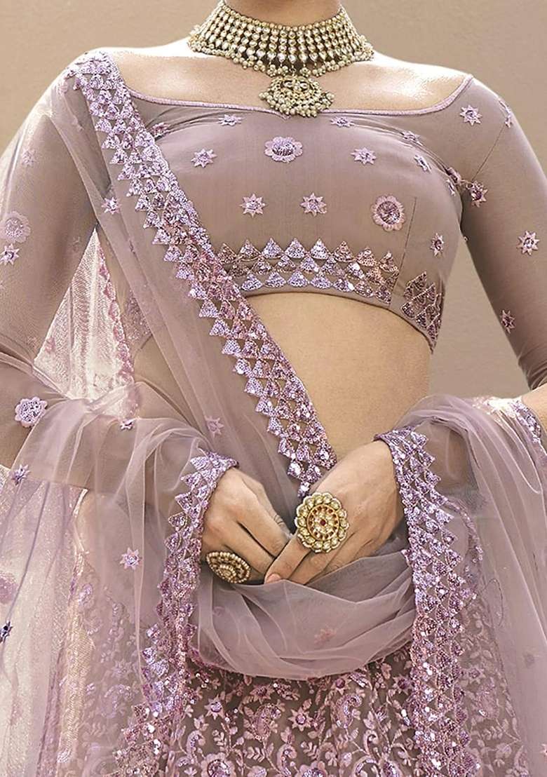 Lavender Net Lehenga Set with Embroidery for Diwali | Wedding & Festive Wear - Indya