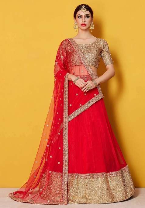 Red Silk Blend Lehenga Set with Embroidery for Diwali | Wedding & Festive Wear