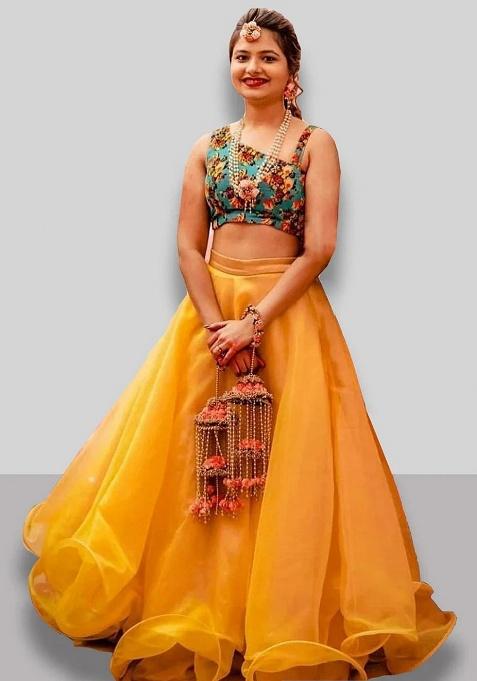 Yellow Floral Print Organza Lehenga Set — view on Indya