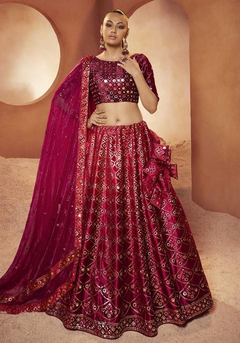 Pink Sequins Velvet Lehenga Set — view on Indya