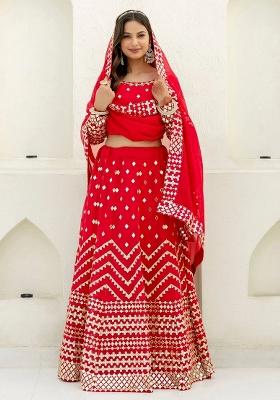 Red Foil Work Georgette Lehenga Set