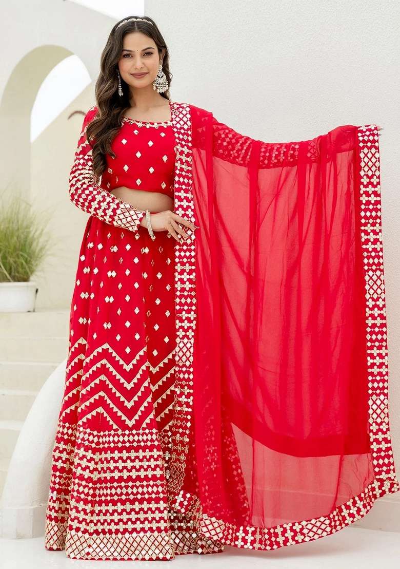 Red Foil Work Georgette Lehenga Set for Diwali | Wedding & Festive Wear - Indya