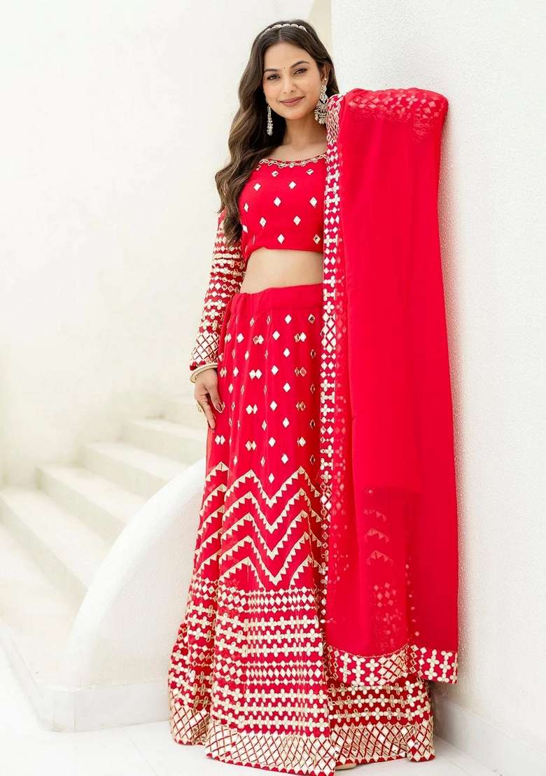 Red Foil Work Georgette Lehenga Set for Diwali | Wedding & Festive Wear - Indya