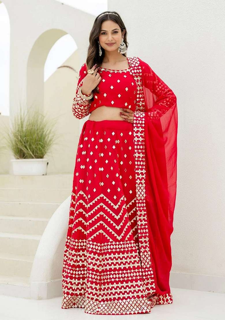 Red Foil Work Georgette Lehenga Set for Diwali | Wedding & Festive Wear - Indya