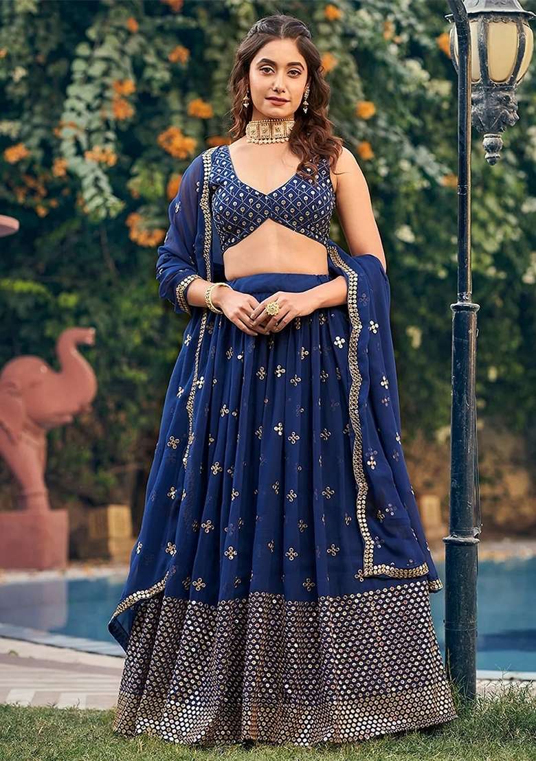 Navy Blue Georgette Lehenga Set with Embroidery for Diwali | Wedding & Festive Wear - Indya