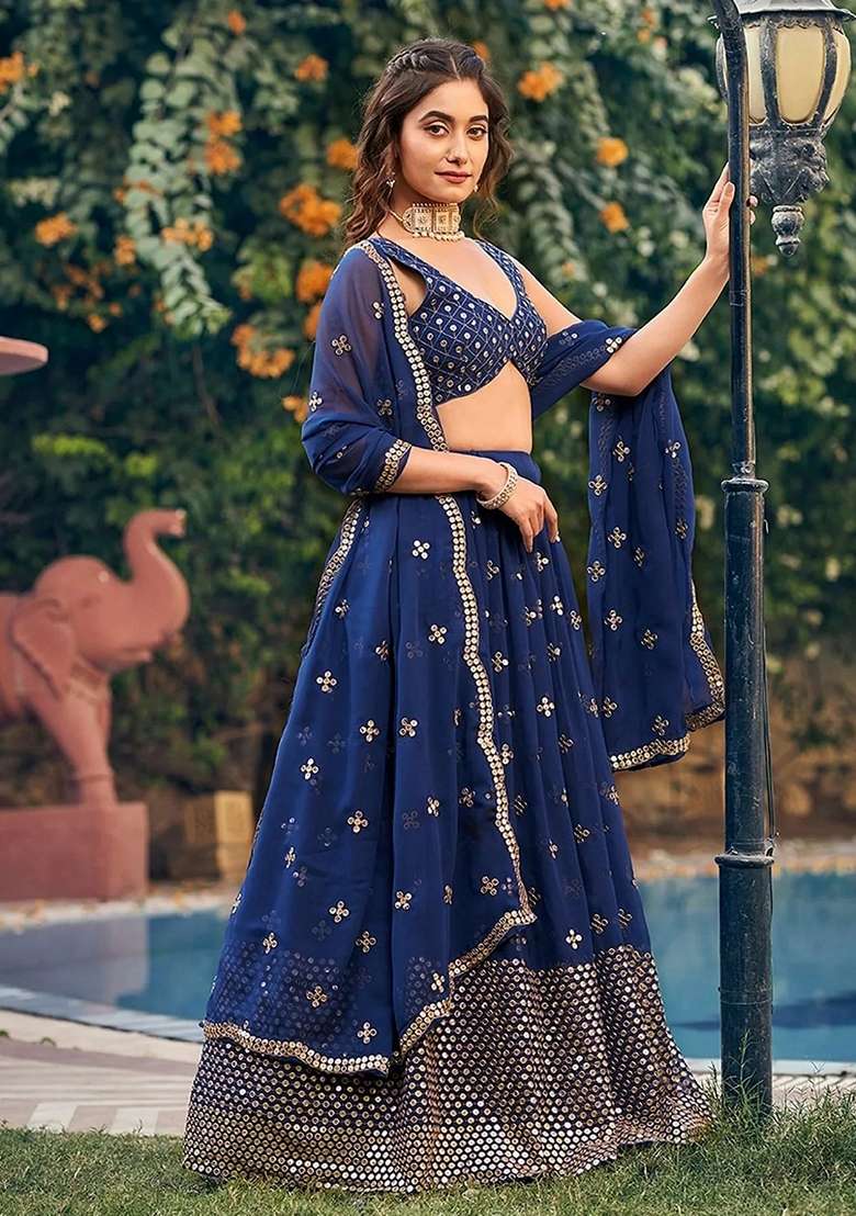 Navy Blue Georgette Lehenga Set with Embroidery for Diwali | Wedding & Festive Wear - Indya