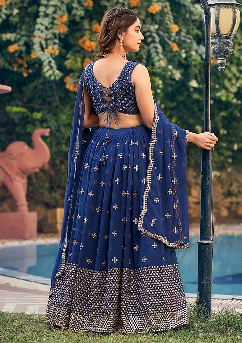 Navy Blue Georgette Lehenga Set with Embroidery for Diwali | Wedding & Festive Wear - Indya