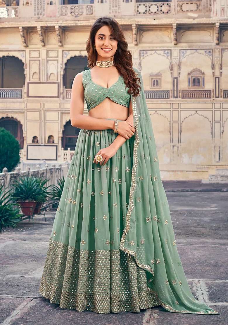 Green Embroidery Georgette Lehenga Set for Diwali and Festive Wear - Indya