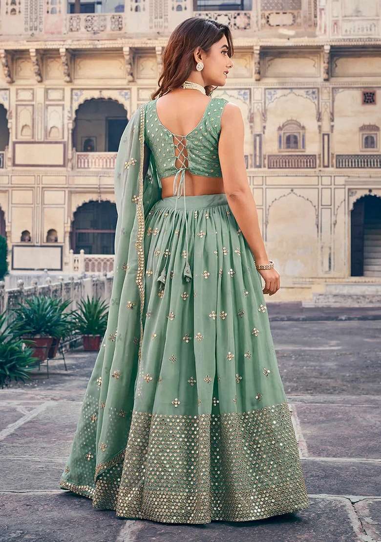 Green Embroidery Georgette Lehenga Set for Diwali and Festive Wear - Indya