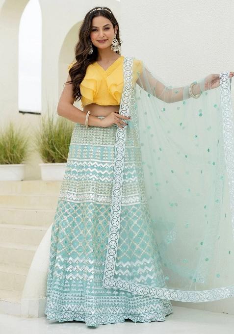 Sky Blue Sequins Organza Lehenga Set — view on Indya
