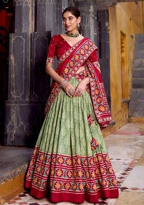 Green Printed Silk Lehenga Set