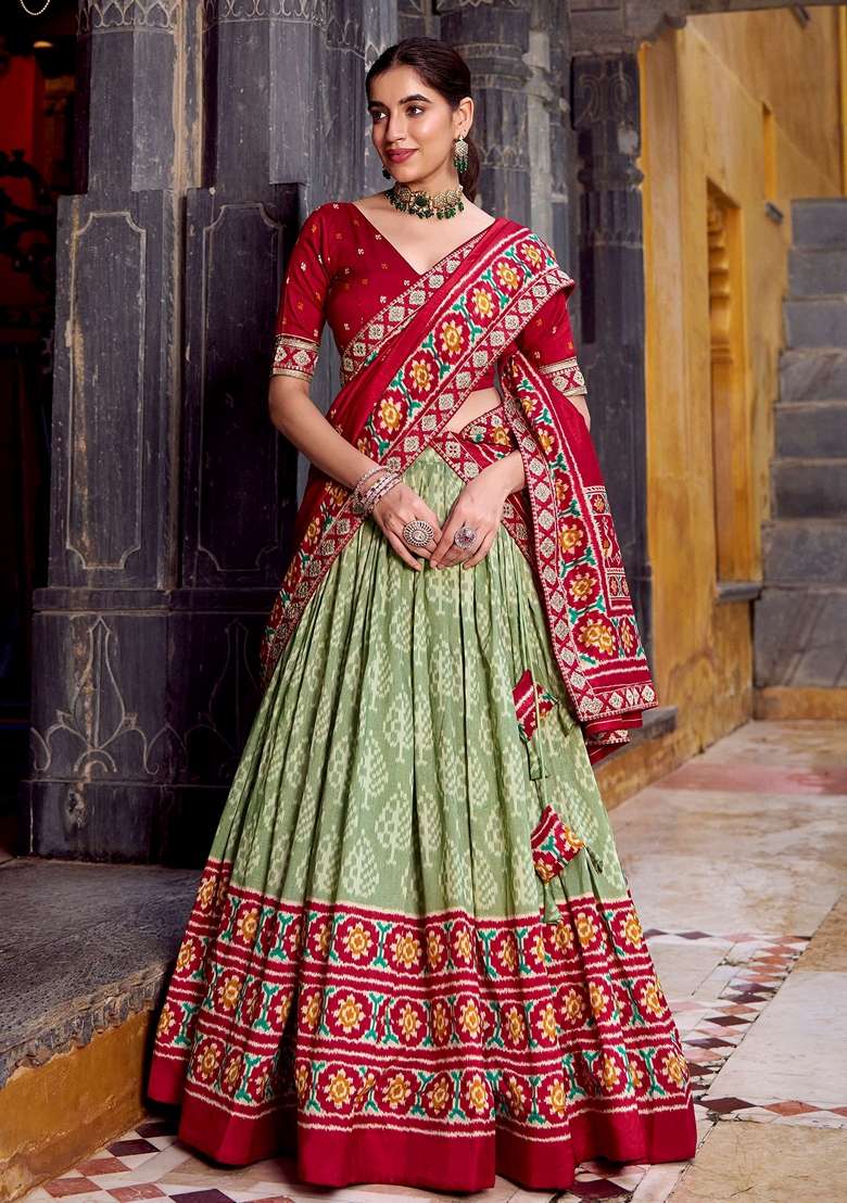 Green Silk Blend Lehenga Set with Printed for Diwali | Wedding & Festive Wear - Indya