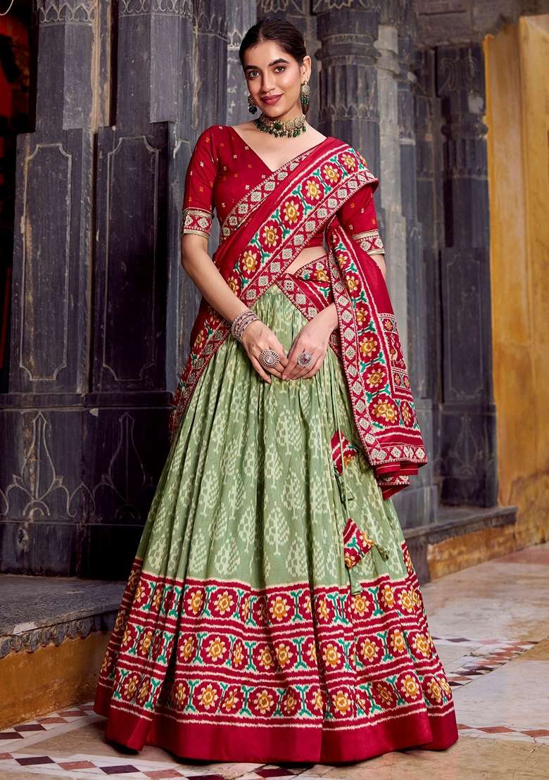 Green Silk Blend Lehenga Set with Printed for Diwali | Wedding & Festive Wear - Indya