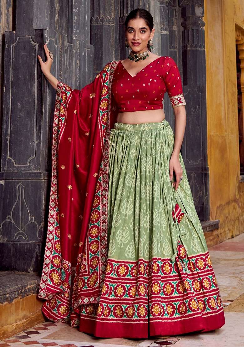 Green Silk Blend Lehenga Set with Printed for Diwali | Wedding & Festive Wear - Indya