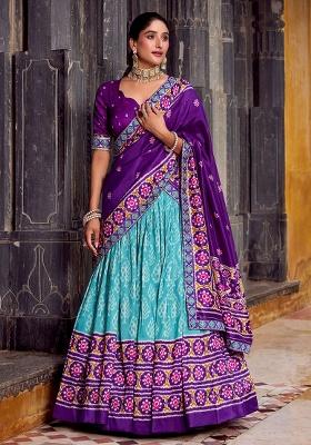 Sky Blue Printed Silk Lehenga Set