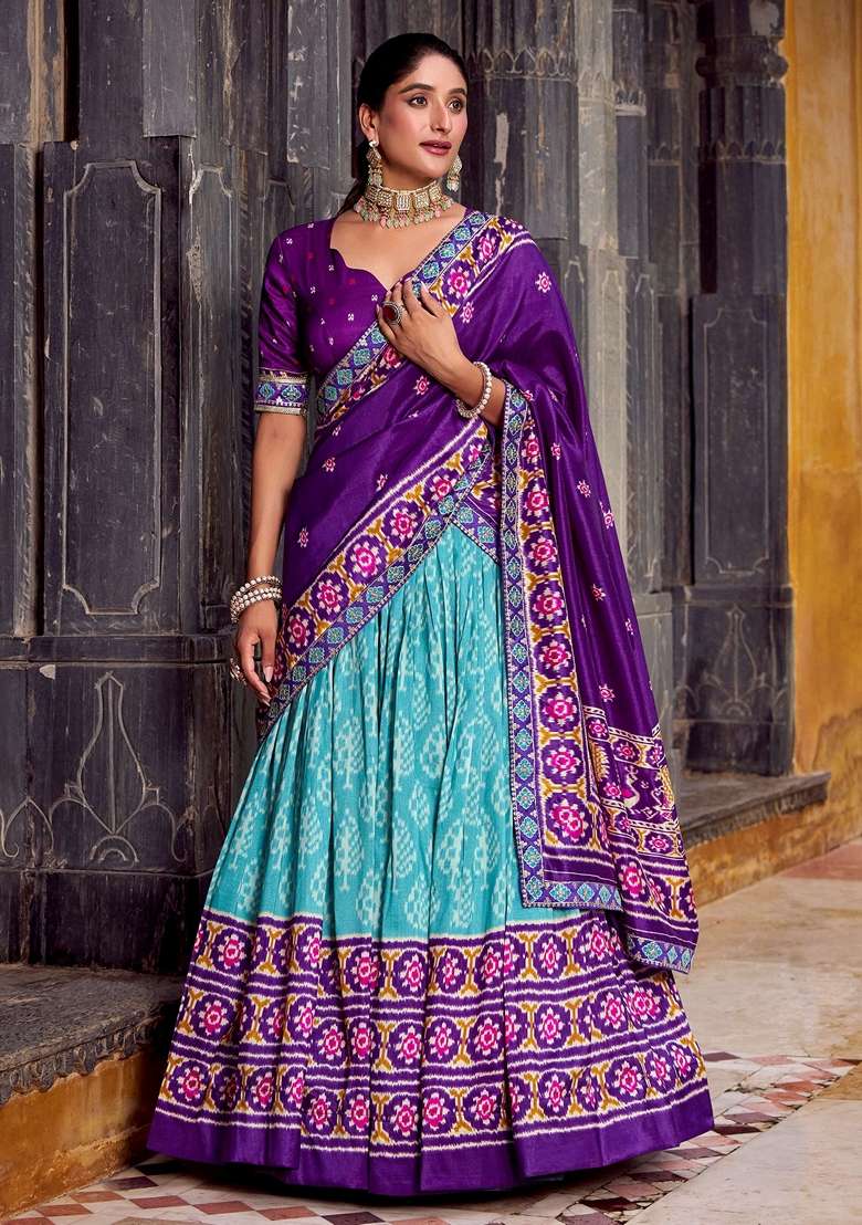 Sky Blue Silk Blend Lehenga Set with Printed for Diwali | Wedding & Festive Wear - Indya