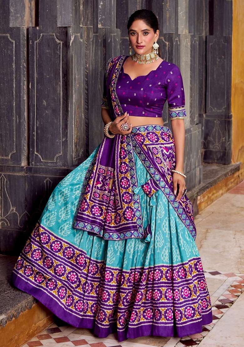 Sky Blue Silk Blend Lehenga Set with Printed for Diwali | Wedding & Festive Wear - Indya