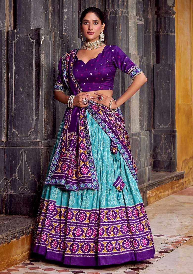Sky Blue Silk Blend Lehenga Set with Printed for Diwali | Wedding & Festive Wear - Indya
