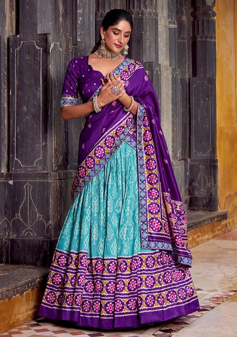 Sky Blue Silk Blend Lehenga Set with Printed for Diwali | Wedding & Festive Wear - Indya