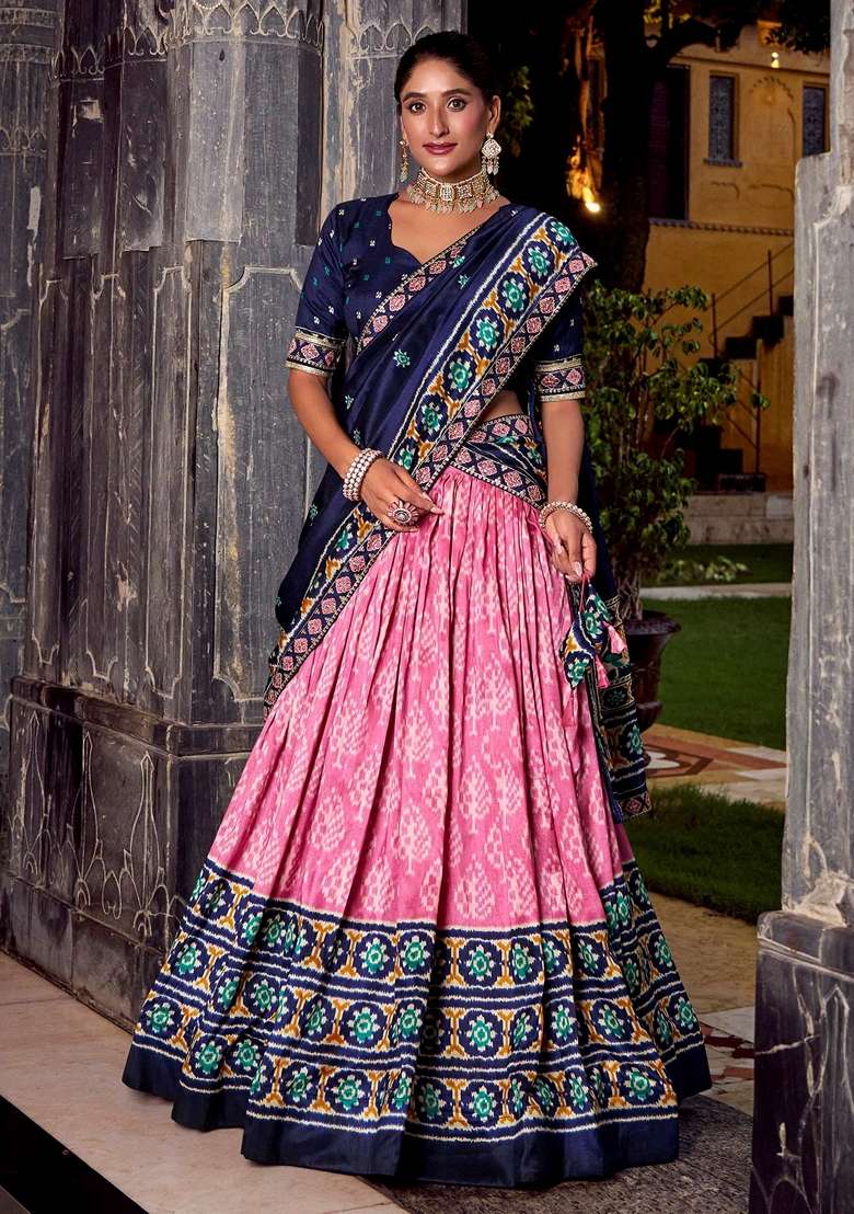Pink Printed Silk Blend Lehenga Set for Diwali and Festive Wear - Indya
