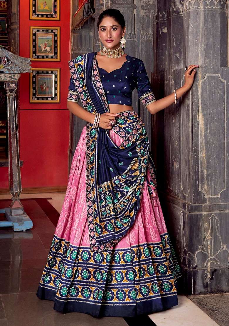 Pink Printed Silk Blend Lehenga Set for Diwali and Festive Wear - Indya