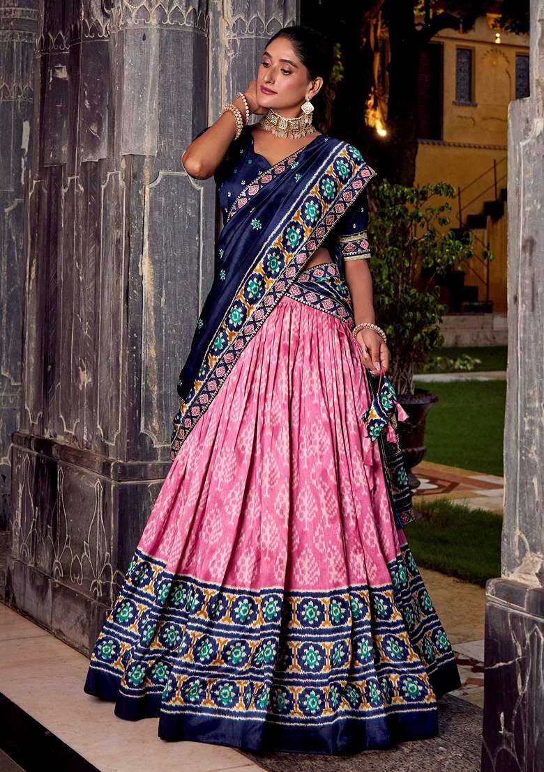 Pink Printed Silk Blend Lehenga Set for Diwali and Festive Wear - Indya