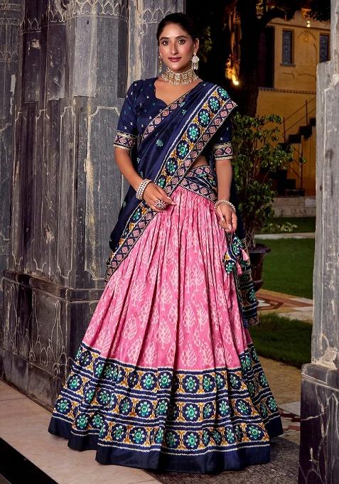 Pink Printed Silk Blend Lehenga Set