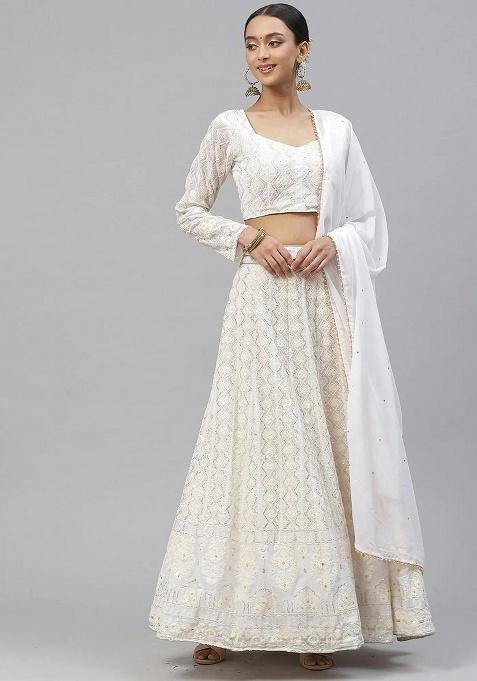 White Embroidery Georgette Lehenga Set