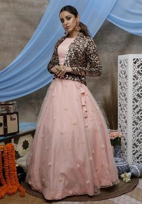Peach Embroidery Net Lehenga Set