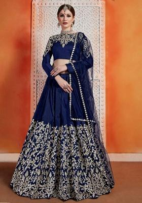 Navy Blue Embroidery Silk Lehenga Set
