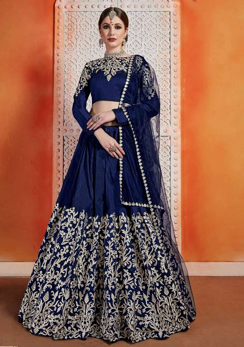 Navy Blue Silk Blend Lehenga Set with Embroidery for Diwali | Wedding & Festive Wear - Indya