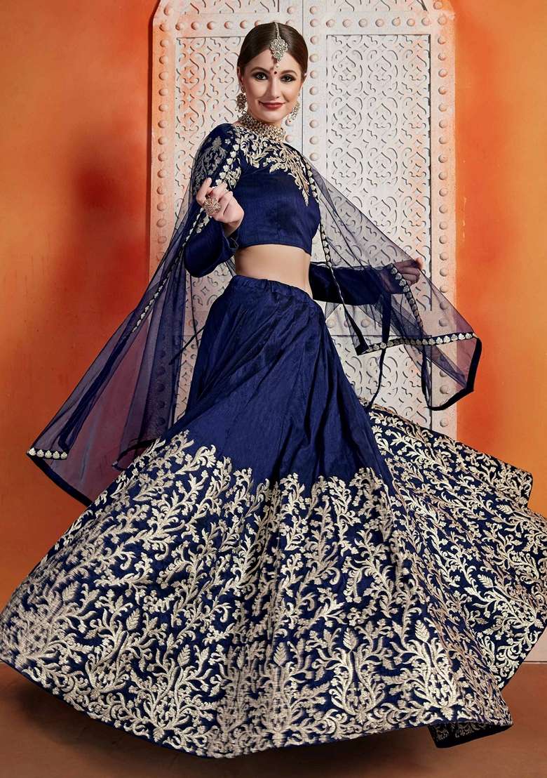 Navy Blue Silk Blend Lehenga Set with Embroidery for Diwali | Wedding & Festive Wear - Indya