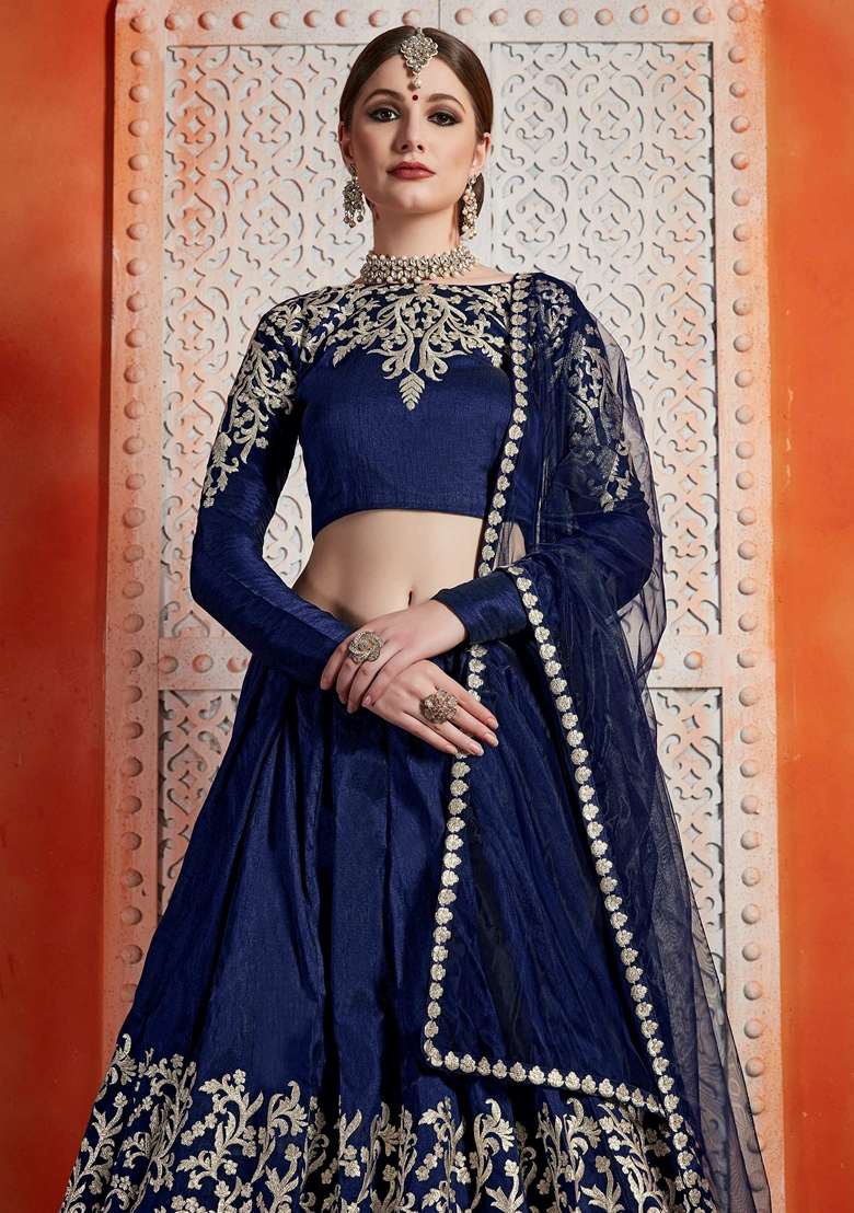 Navy Blue Silk Blend Lehenga Set with Embroidery for Diwali | Wedding & Festive Wear - Indya