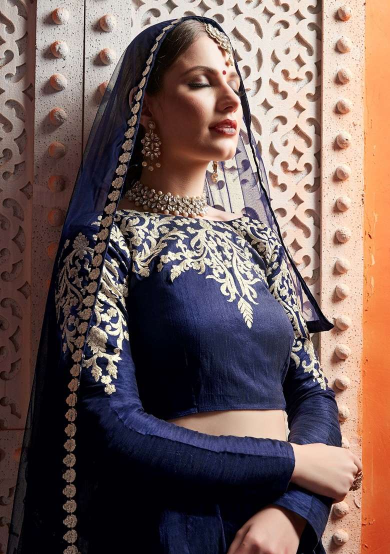 Navy Blue Silk Blend Lehenga Set with Embroidery for Diwali | Wedding & Festive Wear - Indya