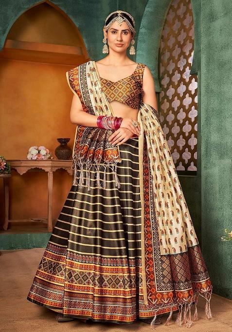 Brown Printed Silk Lehenga Set — view on Indya