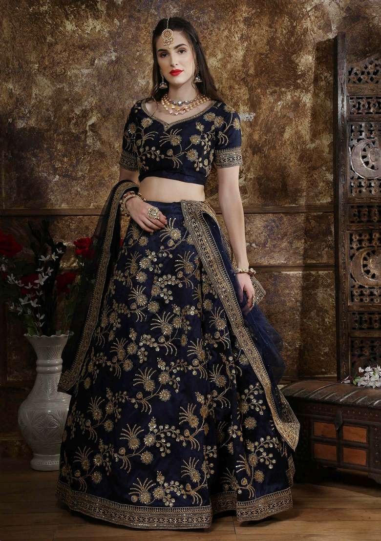 Navy Blue Silk Blend Lehenga Set with Embroidery for Diwali | Wedding & Festive Wear - Indya