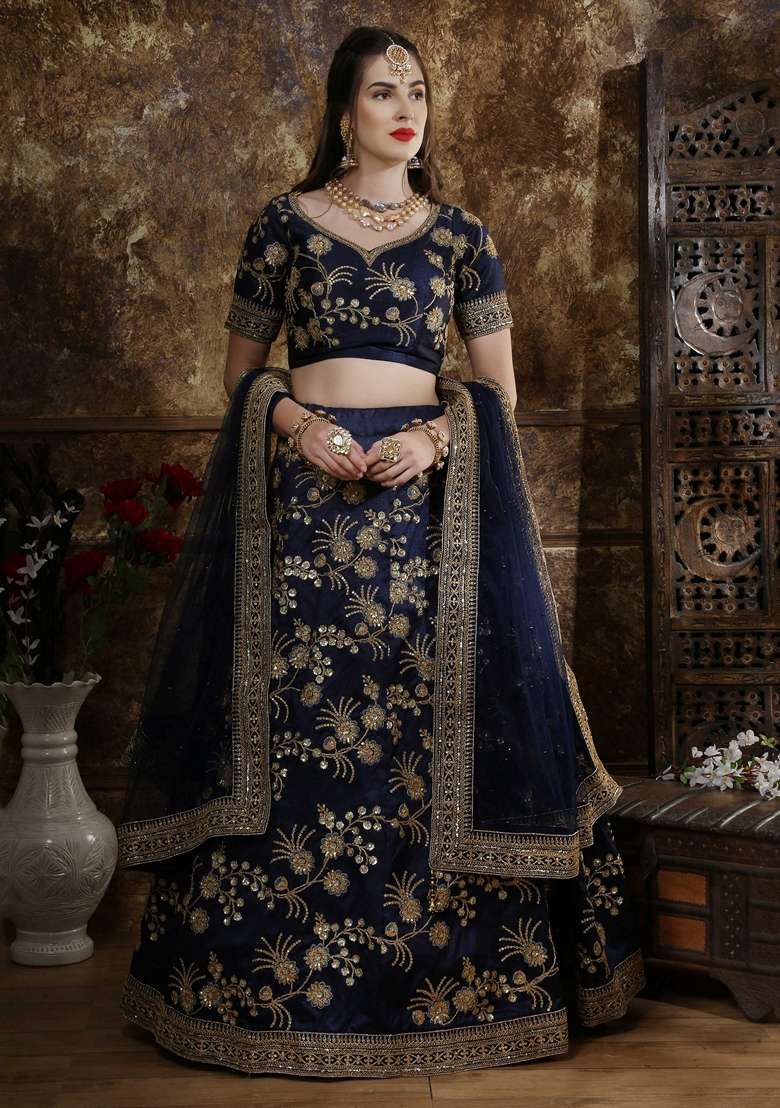 Navy Blue Silk Blend Lehenga Set with Embroidery for Diwali | Wedding & Festive Wear - Indya