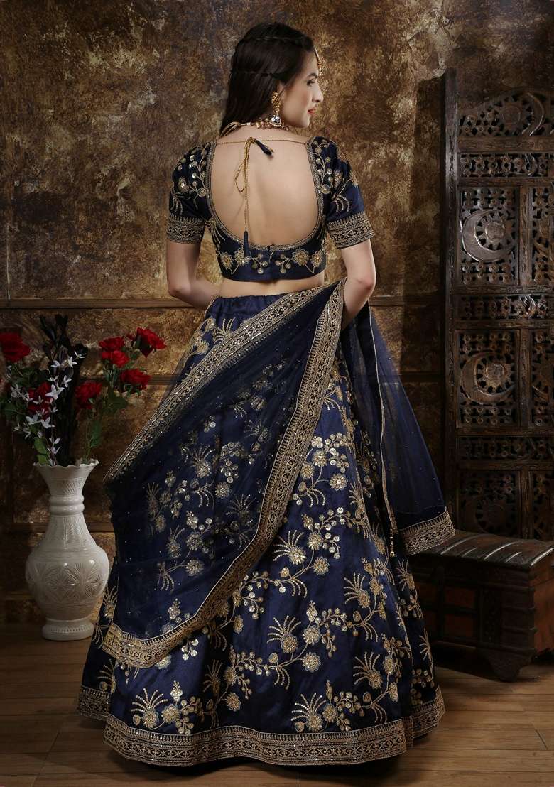 Navy Blue Silk Blend Lehenga Set with Embroidery for Diwali | Wedding & Festive Wear - Indya