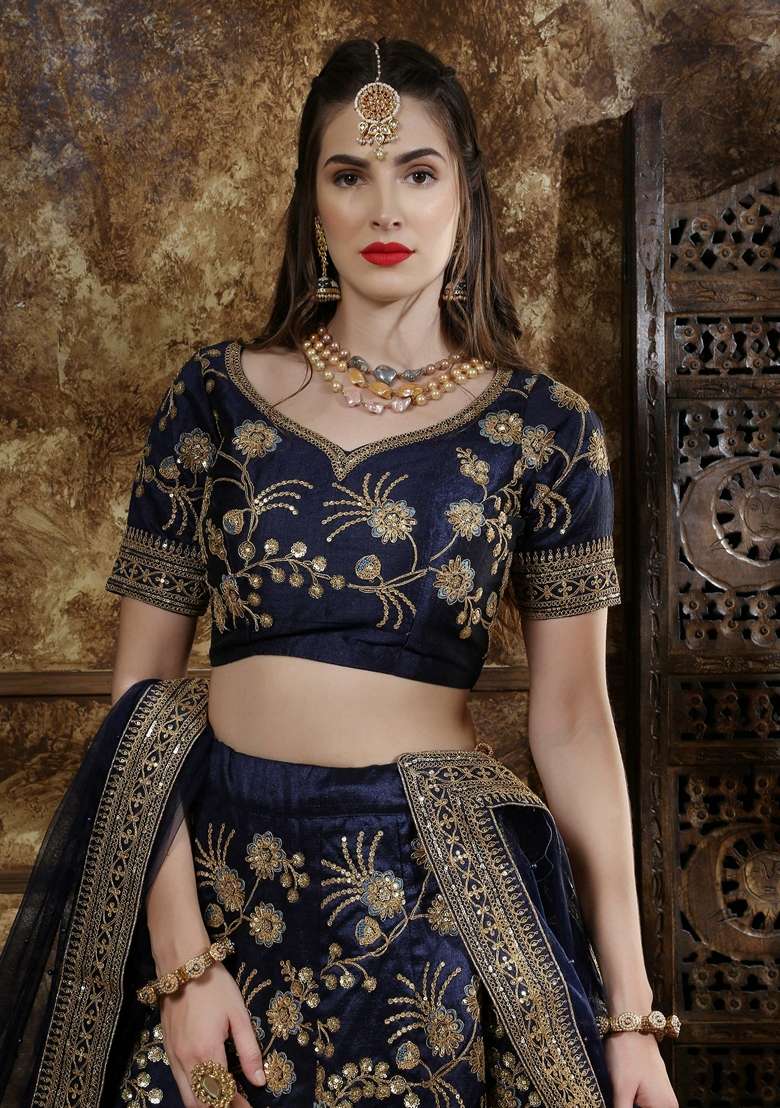 Navy Blue Silk Blend Lehenga Set with Embroidery for Diwali | Wedding & Festive Wear - Indya