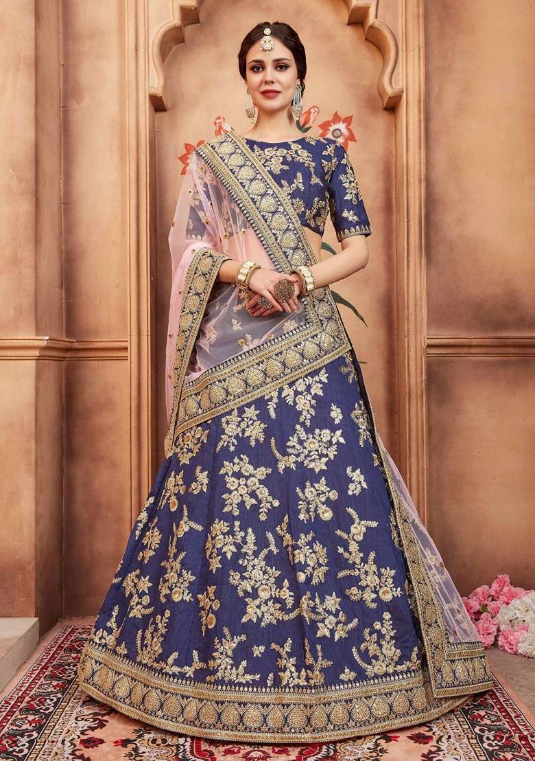 Navy Blue Embroidery Silk Blend Lehenga Set for Diwali and Festive Wear - Indya