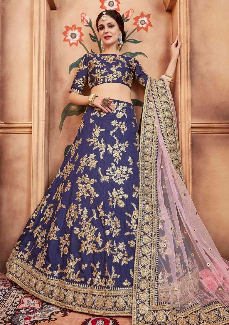 Navy Blue Embroidery Silk Blend Lehenga Set for Diwali and Festive Wear - Indya